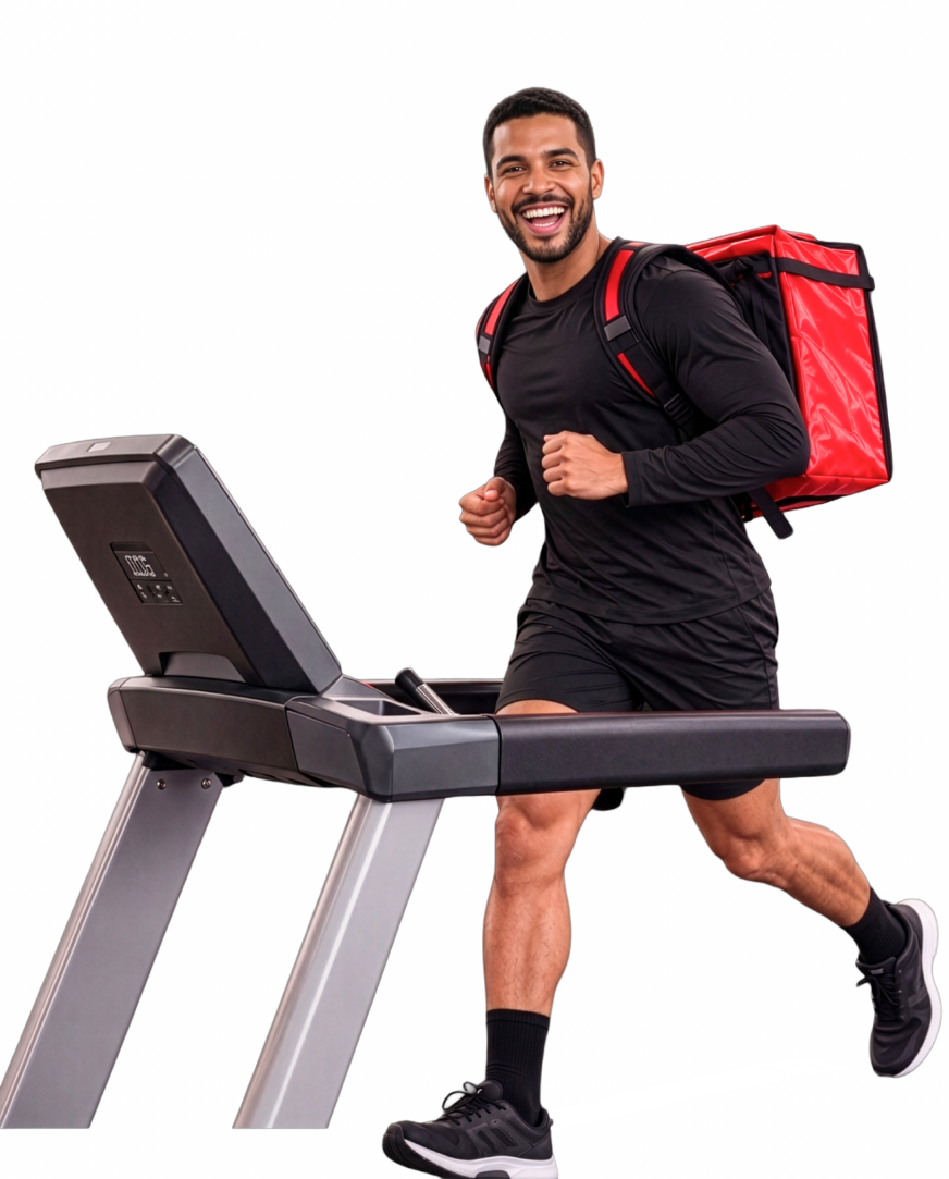 Entregador do iFood correndo na esteira de uma academia Selfit